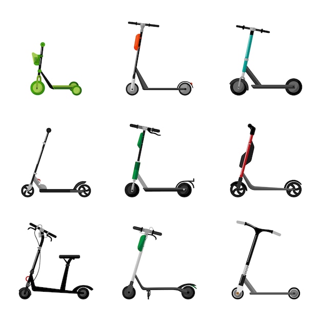 Stellen Sie den Roller auf weißen Hintergrund. Elektro- und Trick-Scooter im flachen Design.