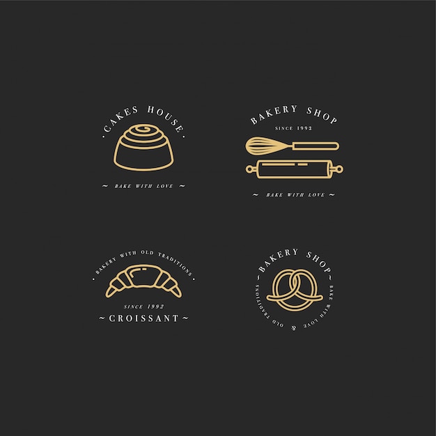 Stellen sie designvorlagen und embleme ein - cupcake-, donut- und backsymbol für bäckerei. süßwarenladen.