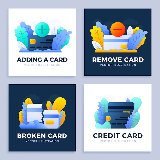 Stellen sie die illustration des kreditkartenbestands ein. plus, minus-taste, neue und kaputte karte