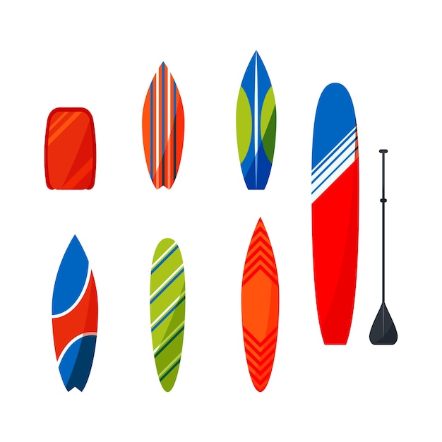 Stellen Sie die Sammlung der Surf-Schreibtische für die Vektorillustration der Surferausrüstung ein.