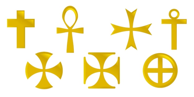 Vektor stellen sie eine kreuzvektorsymbol-sammlung von religionssymbolen ein, die im weißen hintergrund isoliert sind. symbol 3d golden