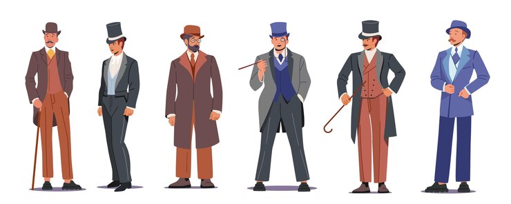 Vektor stellen sie englische viktorianische herren, aristokraten, männer des neunzehnten jahrhunderts lokalisiert auf weißem hintergrund ein. männliche charaktere tragen vintage-kleidung, elegante anzüge, hut und brille. cartoon-vektor-illustration