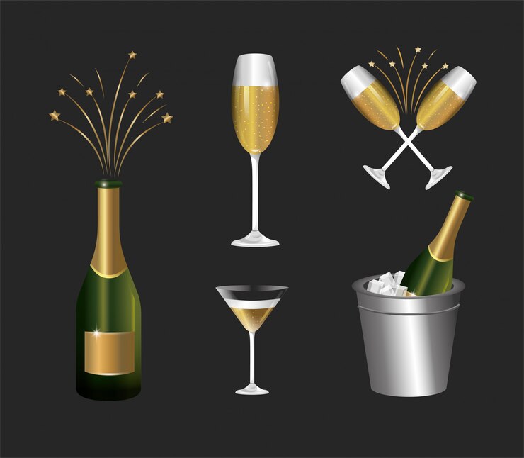 Vektor stellen sie flaschenchampagner mit glas ein, um feiertag zu feiern