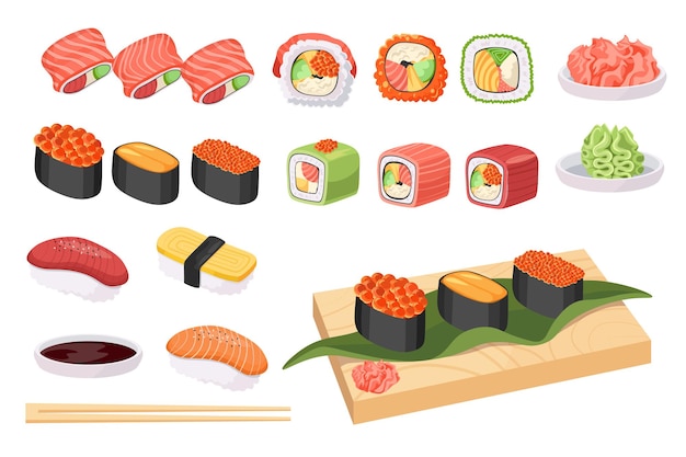 Stellen Sie Japan Food, Sushi der japanischen Küche und Brötchen mit Fisch und Algen ein. Meeresfrüchte Gunkanmaki Ikura, Tobiko und Uni, Uramaki Philadelphia, Nigiri mit Fisch und Reis Tamago, Maguro, Sake. Cartoon-Vektor