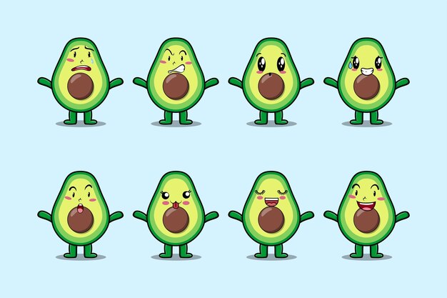Stellen Sie kawaii Avocado-Cartoon-Figur mit verschiedenen Ausdrücken von Cartoon-Gesichtsvektorillustrationen ein