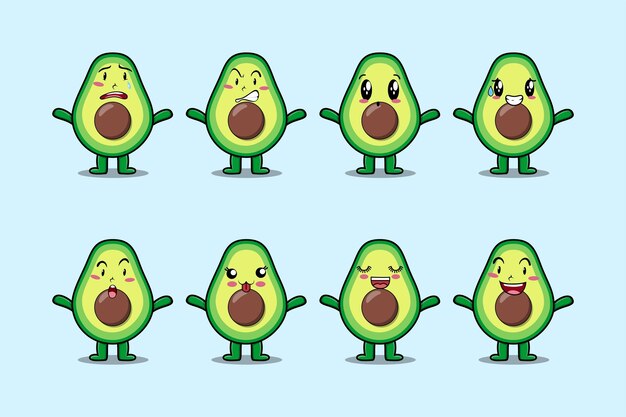 Stellen sie kawaii avocado-cartoon-figur mit verschiedenen ausdrücken von cartoon-gesichtsvektorillustrationen ein