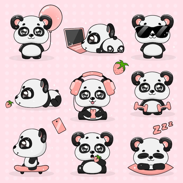 Vektor stellen sie kawaii verrückten kleinen panda, vektor-illustration ein.