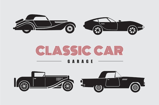 Stellen Sie klassische Auto-Seitenansicht-Symbol-Vektorillustrationen ein