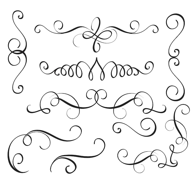Stellen Sie Kunstkalligrafie-Schnörkel von dekorativen Vintage-Worteln für Design ein Vektorillustration EPS10