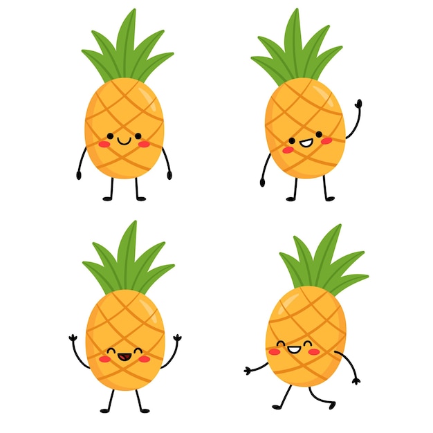 Stellen sie niedliche zeichentrickfiguren ananas ein. ananas mit armen und beinen, mit unterschiedlichen emotionen.