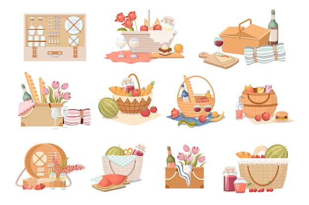 Stellen sie picknickkörbe und körbe mit lebensmitteln ein, artikel für die sommererholung im freien. traditionelle weidenkisten mit obst, gemüse, wein und milchgetränken, bäckerei und blumen. cartoon-vektor-illustration