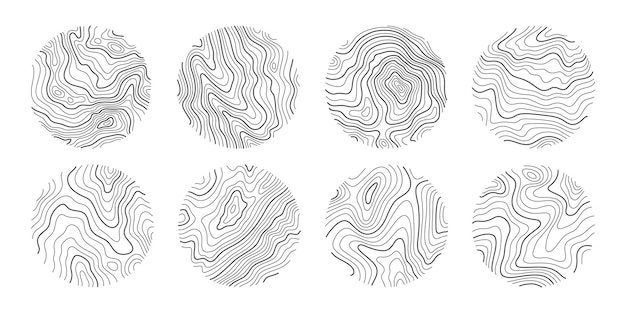 Stellen sie ringe der topografischen linienkarte ein. holzringe, vektorlinienkreis des outdoor-konzepts