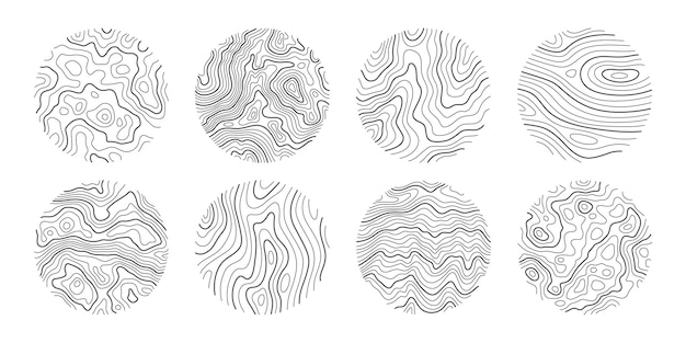 Stellen sie ringe der topografischen linienkarte ein. holzringe, vektorlinienkreis des outdoor-konzepts