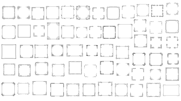 Stellen Sie schwarze einfache Linie Rahmen-Auflistungs-Gekritzel-Quadrat-Blumenrahmen-Element-Vektor-Design-Art ein