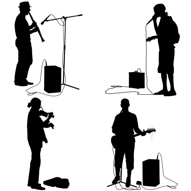 Vektor stellen sie silhouetten von musikern ein, die musikinstrumente spielen. vektorillustration