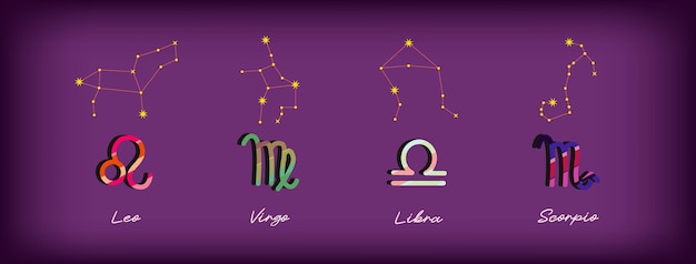 Stellen sie sternzeichen, bunte tierkreissymbole für die gestaltung von esoterik mit sternbildern, astrologischen karten, kalendern, vektorelementen auf violettem hintergrund ein. löwe, jungfrau, waage, skorpion