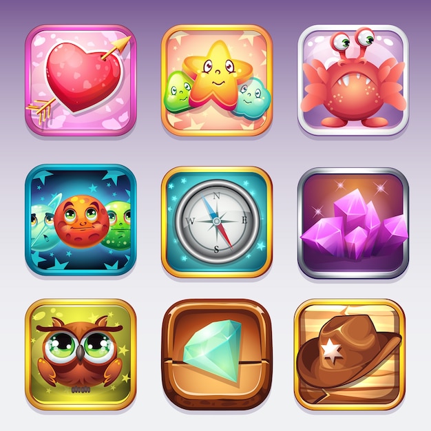 Stellen Sie Symbole für den App Store und Google Play auf Computerspiele zu verschiedenen Themen ein