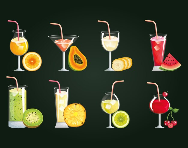 Stellen sie tropische und exotische cocktails mit fruchtvektor-illustrationsdesign ein