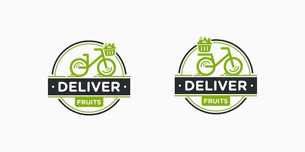 Stempel fahrrad zyklus lieferung kurier essen gesundes obst gemüse bio-vektor-logo-design