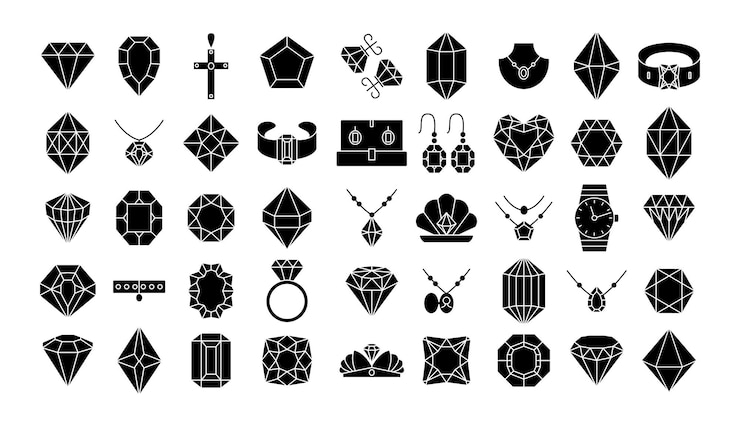 Vektor stencil-schmuck-ikonen geometrische diamanten- und edelsteinformen hochzeitsringe luxuriöse halsketten armbänder und ohrringe edelsteine und accessoires minimalistisches vektor-set