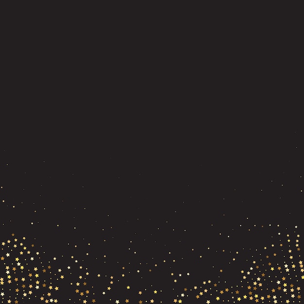 Stern-Pailletten-Konfetti auf schwarzem Hintergrund. Isolierte flache Geburtstagskarte. Banner mit goldenen Sternen. Gutschein-Geschenkkartenvorlage. Vektorgoldener Glitzer. Fallende Partikel auf dem Boden. Weihnachtsfeier-Rahmen.