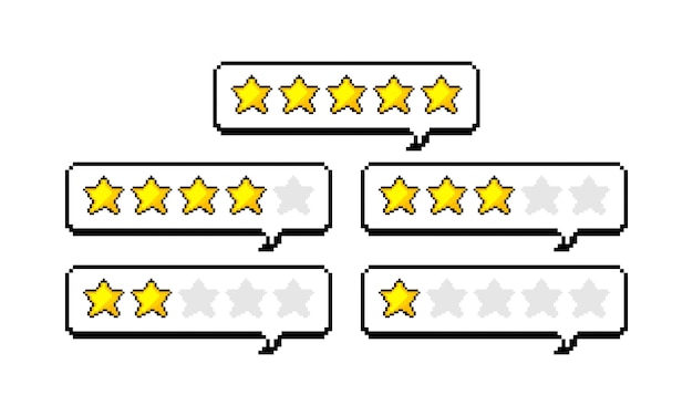Sterne gelb des Pixeldesigns. Feedback Bewertung für Websites, Reisepakete, Hotels, Online-Shops, Bewertungen. Vektor-Illustration.