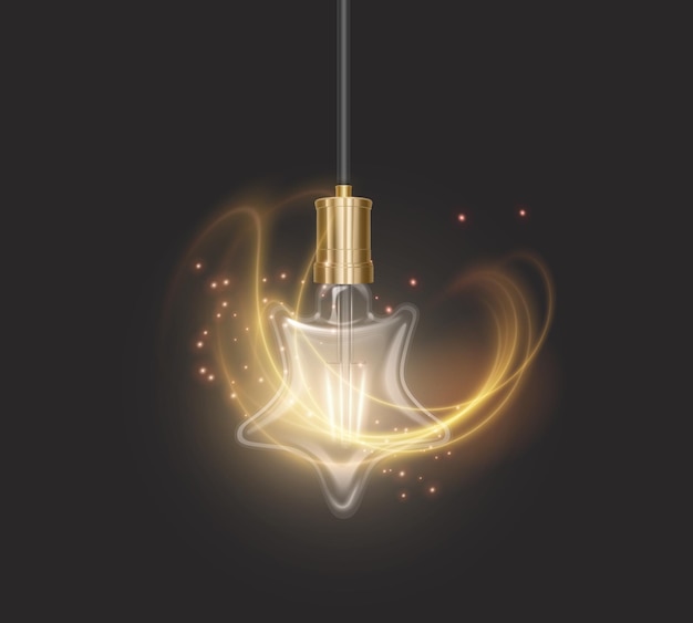 Sternförmige glühbirne im retro-stil auf dunklem substrat leuchtende glühbirne im realistischen stil