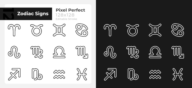 Vektor sternzeichen-pixel-perfekte lineare symbole für den dunkellichtmodus
