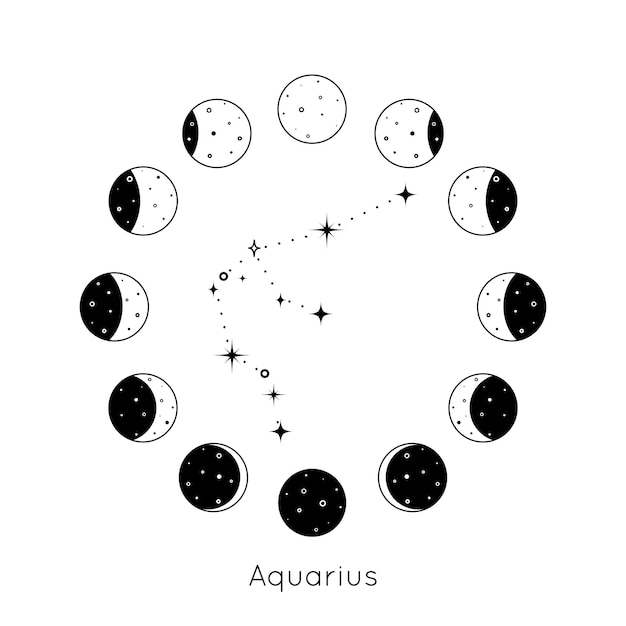 Sternzeichen wassermann im kreisförmigen satz von mondphasen schwarze umrisssilhouette von sternen v...