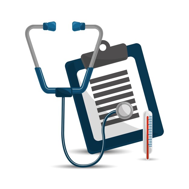 Stethoskop, Zwischenablage Medizin Check und Thermometer Symbol