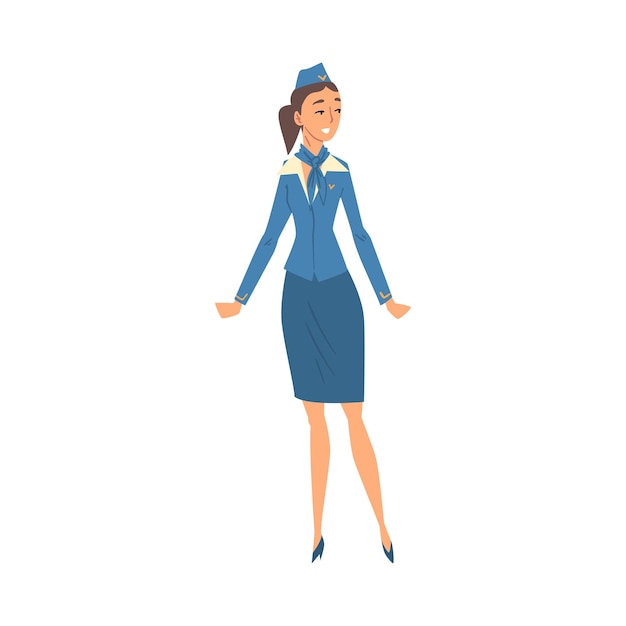 Vektor stewardess in blauer uniform flugbegleiterin oder stewardess charaktervektor-illustration auf weiß