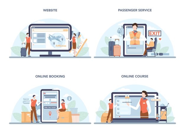 Stewardess-Online-Service oder Plattform-Set. Flache Vektorillustration
