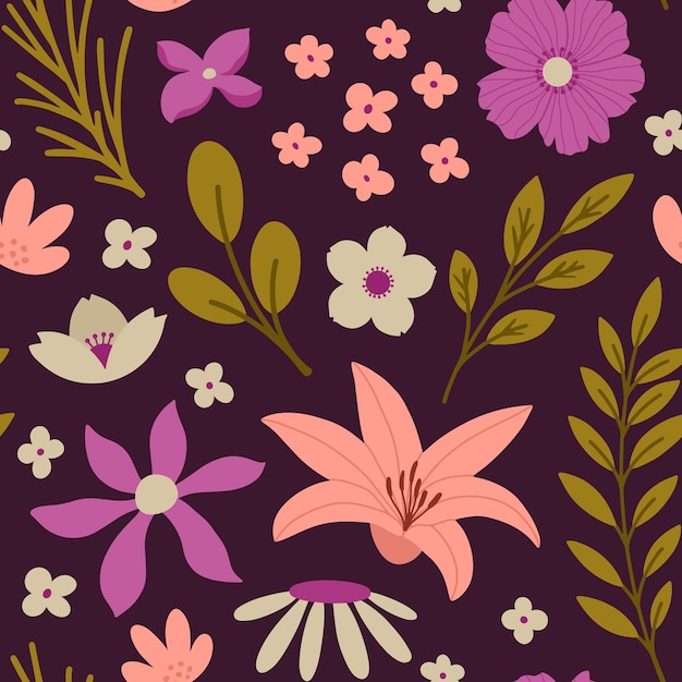 Ästhetisches, nahtloses Muster mit botanischem Druckdesign im Frühling Dekorative Lilienblumen und -blätter
