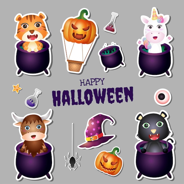 Sticker halloween kollektion mit süßem tiger, einhorn, büffel und schwarzer katze