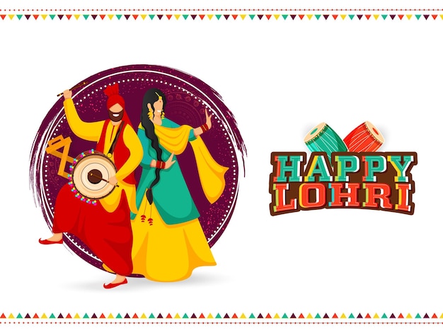 Sticker style happy lohri font mit punjabi-mann, der dhol spielt, frauentanz und lila rundbürsten-effekt auf weißem hintergrund.
