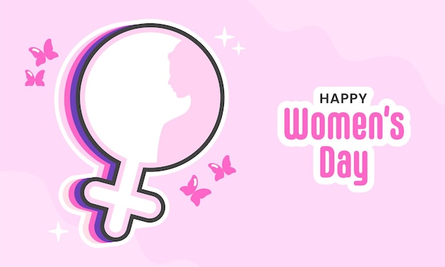 Sticker Style Happy Women's Day Text mit Venus Symbol Schmetterlingen auf rosa Hintergrund