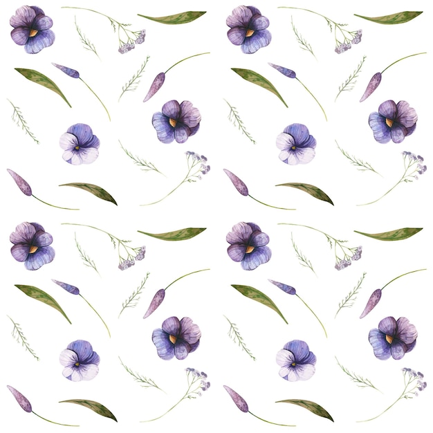 Stiefmütterchen und schafgarbe nahtlose muster lila veilchen mit knospen blütenblätter und blätter