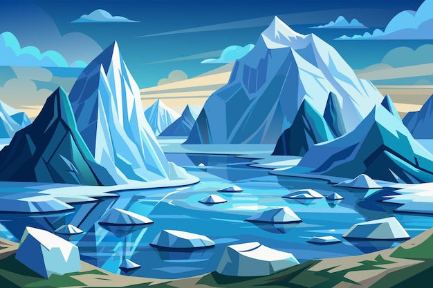 Vektor stilierte illustration einer arktischen landschaft mit scharfen, hoch aufragenden eisbergen, schwimmendem eis in einem ruhigen meer und glatten, mit eis bedeckten ufern unter einem klaren blauen himmel