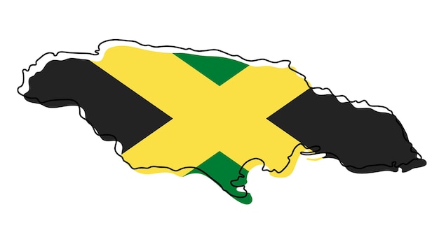 Stilisierte Übersichtskarte von Jamaika mit Nationalflaggensymbol. Flaggenfarbkarte von Jamaika-Vektorillustration.