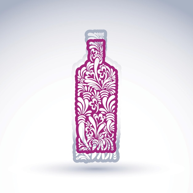 Stilisierte flasche mit ethnischem blumenmuster. alkohol-ideen-vektorillustration, eleganter blumiger krug der grafischen kunst.