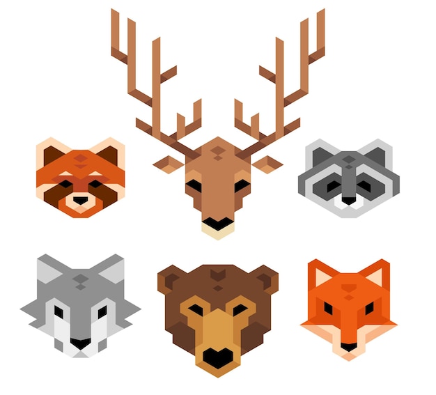 Stilisierte geometrische tierköpfe, wolf, hirsch, bär, fuchs, roter panda, waschbär im klaren, minimalistischen stil