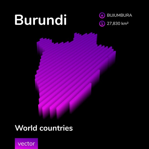 Stilisierte isometrische vektorkarte burundi 3d. karte von burundi in violetten und violetten farben