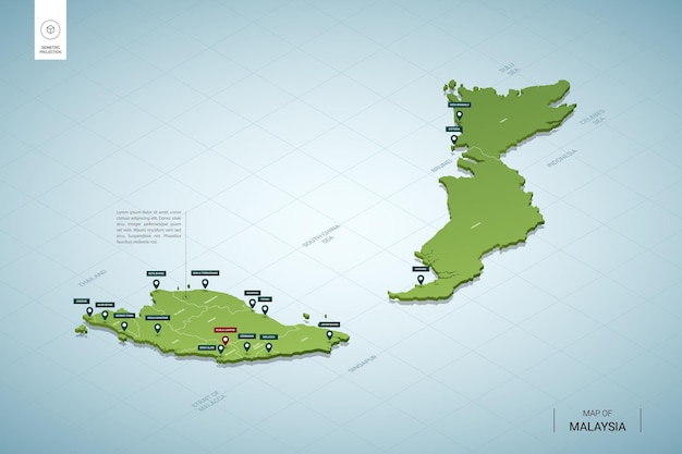 Stilisierte karte von malaysia. isometrische grüne 3d-karte mit städten, grenzen, hauptstadt kuala lumpur, regionen.
