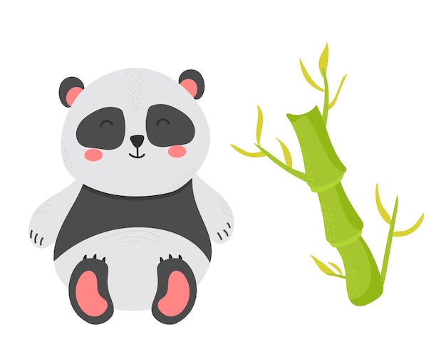 Vektor stilisierte riesenpanda-ganzkörperzeichnung einfaches panda-bär-symbol oder logo-design grüne bambusstämme isoliert auf weißem hintergrund