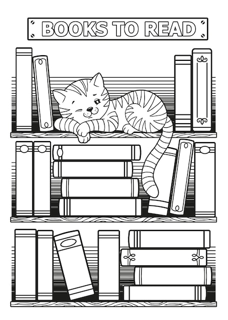 Stilisierte Schwarz-Weiß-Bücher. Schlafende Katze, die auf einem Regal zwischen Büchern liegt. Malvorlagen für Erwachsene, druckbare Bullet Journal Insert Books Tracker
