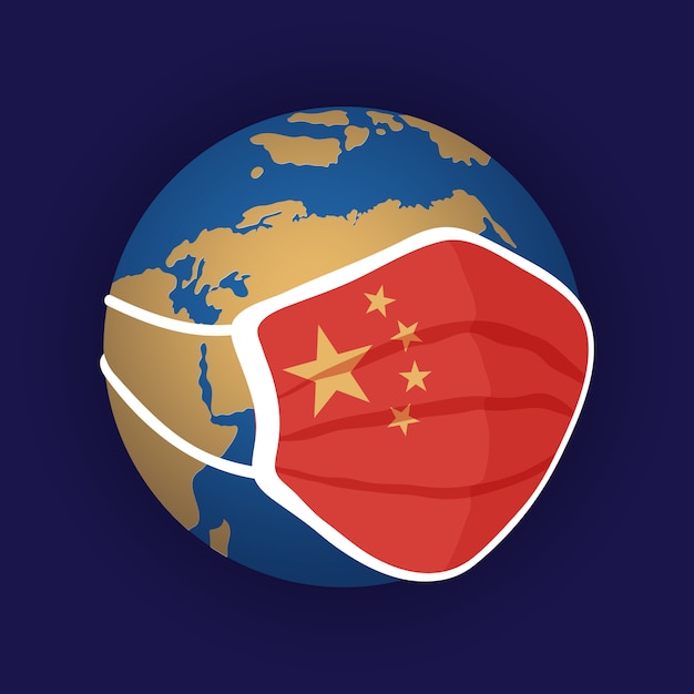 Stilisierter Globus in den Farben Blau und Gelb, die medizinische Maske mit Flagge Chinas über dem chinesischen Territorium tragen