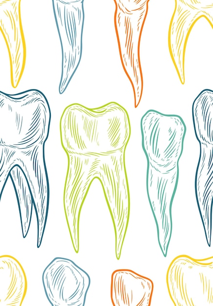 Stilisierter, handgezeichneter doodle-umriss der zähne ein nahtloser zahnmusterhintergrund, oral zahnärztlich