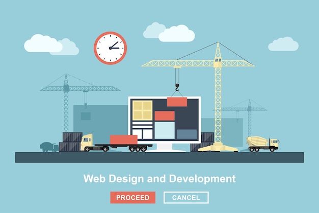 Stilkonzept für den Webdesign-Arbeitsprozess, metaphorische Darstellung des Webdesign-Workflows wie Industriebau mit Hebekranen, LKWs usw.