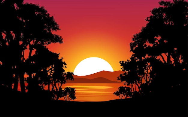 Vektor stille sonnenuntergangsillustration mit wald und fluss