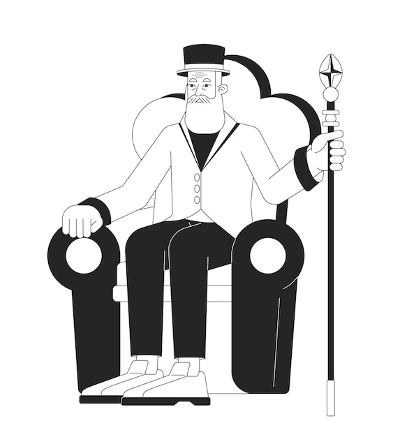 Stilvolle alte Frau mit Gehstock, flache Linie, schwarz-weißer Vektorcharakter, editierbare Umrisse, Ganzkörperperson, einfache Cartoon-isolierte Spot-Illustration für Web-Grafikdesign